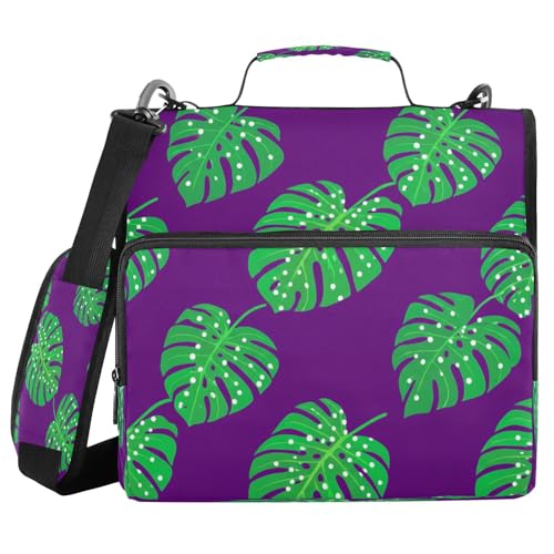 JUMBEAR Grüne Monstera-Blätter-Ordner mit Reißverschluss, mit Schultergurt, 3,8 cm O-Ringe, Fächermappe, mehrere Taschen, Kapazität 600 Blatt von JUMBEAR
