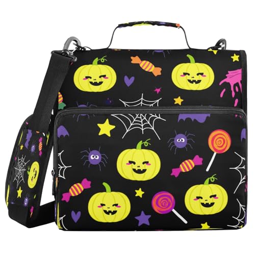 JUMBEAR Halloween-Kürbis-Ordner mit Reißverschluss, mit Schultergurt, 3,8 cm O-Ringe, Fächermappe, mehrere Taschen, Kapazität 600 Blatt von JUMBEAR
