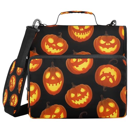 JUMBEAR Halloween-Kürbis-Ordner mit Reißverschluss, mit Schultergurt, 3,8 cm O-Ringe, Fächermappe, mehrere Taschen, Kapazität 600 Blatt von JUMBEAR
