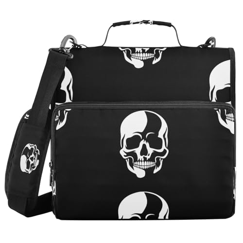 JUMBEAR Halloween-Totenkopf-Reißverschluss-Mappe mit Schultergurt, 3,8 cm O-Ringe, Fächermappe, mehrere Taschen, Kapazität 600 Blatt von JUMBEAR