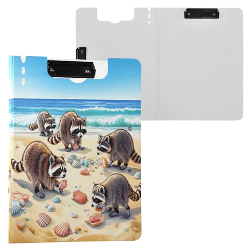 JUMBEAR Klemmbrett mit Waschbären, die Muscheln am Strand aufheben, A4 mit Doppel-Clips, faltbares Klemmbrett mit Abdeckung, leichter persönlicher Organizer, geeignet für Krankenhaus, Büro, Schule von JUMBEAR