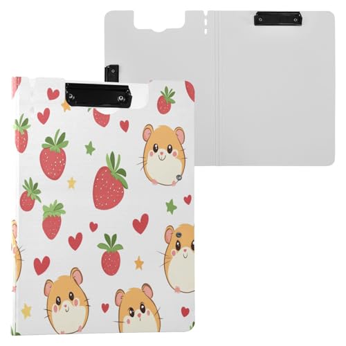 JUMBEAR Klemmbrett mit niedlichem Hamster mit Erdbeeren, A4 mit Doppel-Clips, faltbares Klemmbrett mit Abdeckung, leichter persönlicher Organizer, geeignet für Krankenhaus, Büro, Schule, Geschäft von JUMBEAR