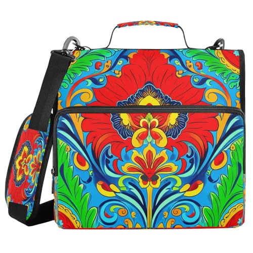 JUMBEAR Mexikanisches Talavera-Keramikfliesenmuster, Reißverschluss-Mappe mit Schultergurt, 3,8 cm O-Ringe, Fächermappe, mehrere Taschen, Kapazität 600 Blatt von JUMBEAR