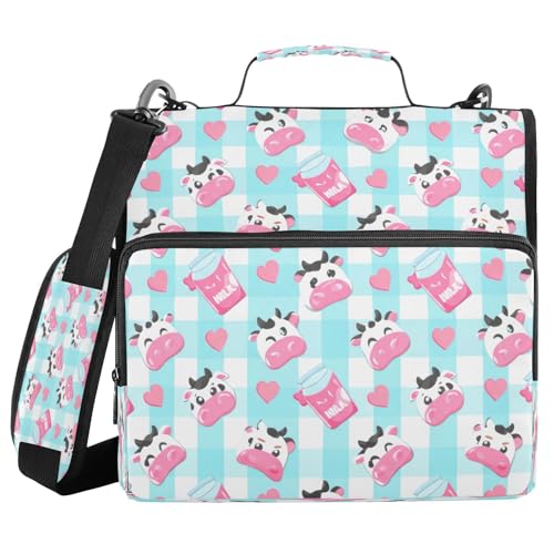 JUMBEAR Niedliche Cartoon-Kühe mit Reißverschluss, mit Schultergurt, 3,8 cm O-Ringe, Fächermappe, mehrere Taschen, Kapazität 600 Blatt von JUMBEAR