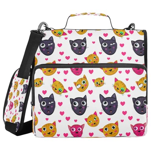 JUMBEAR Niedliches Cartoon-Katzengesichter-Reißverschlussbuch mit Schultergurt, 3,8 cm O-Ringe, erweiterbarer Aktenordner, mehrere Taschen, Kapazität 600 Blatt von JUMBEAR