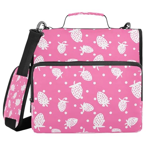 JUMBEAR Ordner mit Reißverschluss, Erdbeeren, mit Schultergurt, 3,8 cm O-Ringe, Fächermappe, mehrere Taschen, Kapazität 600 Blatt, Weiß von JUMBEAR