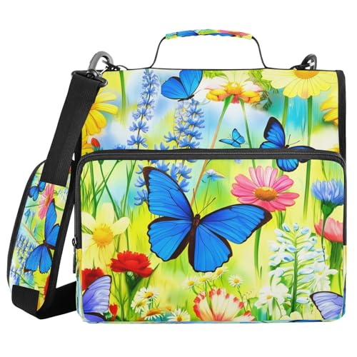 JUMBEAR Ordner mit Reißverschluss, Wildblumen und blaue Schmetterlinge, mit Schultergurt, 3,8 cm O-Ringe, Fächermappe, mehrere Taschen, Kapazität 600 Blatt von JUMBEAR