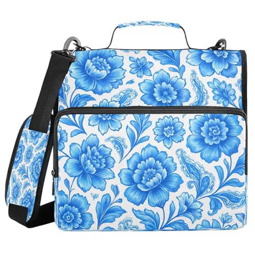 JUMBEAR Ordner mit Reißverschluss und Schultergurt, 3,8 cm O-Ringe, Fächermappe, mehrere Taschen, Kapazität 600 Blatt, Blau und Weiß von JUMBEAR