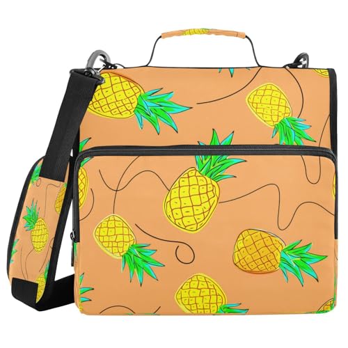 JUMBEAR Ordner mit Reißverschluss und Schulterriemen, Ananas mit grünen Blättern, 3,8 cm O-Ringe, Fächermappe, mehrere Taschen, Kapazität 600 Blatt von JUMBEAR