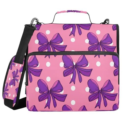 JUMBEAR Purple Bows Reißverschluss-Mappe mit Schultergurt, 3,8 cm O-Ringe, Fächermappe, mehrere Taschen, Kapazität 600 Blatt von JUMBEAR