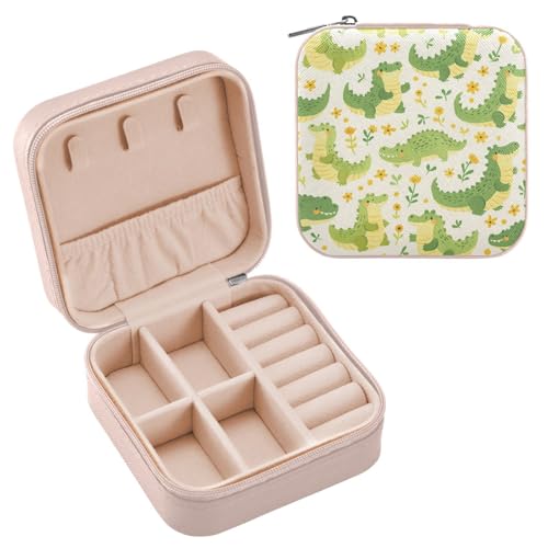 JUMBEAR Reise-Schmuckschatulle mit Cartoon-Krokodilen, Organizer für Damen, Mini-Reise-Schmuck-Aufbewahrungsbox für Halsketten, Armbänder, Ohrringe von JUMBEAR