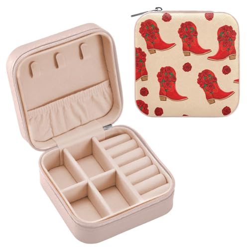 JUMBEAR Reise-Schmuckschatulle mit roten Rosen, Cowboystiefel, Organizer für Damen, Mini-Reise-Schmuck-Aufbewahrungsbox für Halsketten, Armbänder, Ohrringe von JUMBEAR