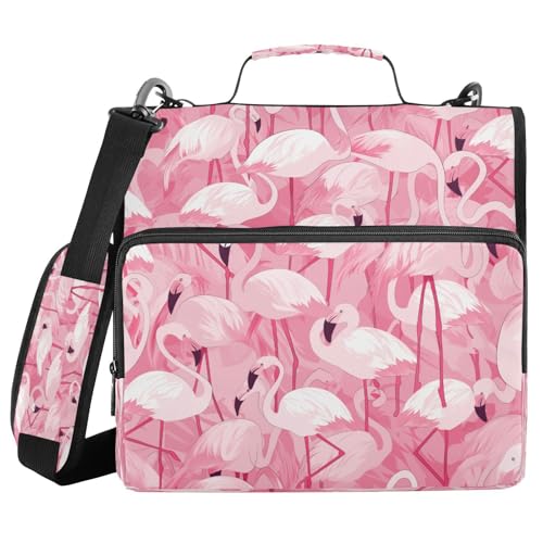 JUMBEAR Ringmappe mit Reißverschluss und Schultergurt, 3,8 cm O-Ringe, Fächermappe, mehrere Taschen, Kapazität 600 Blatt, Pink Flamingos von JUMBEAR