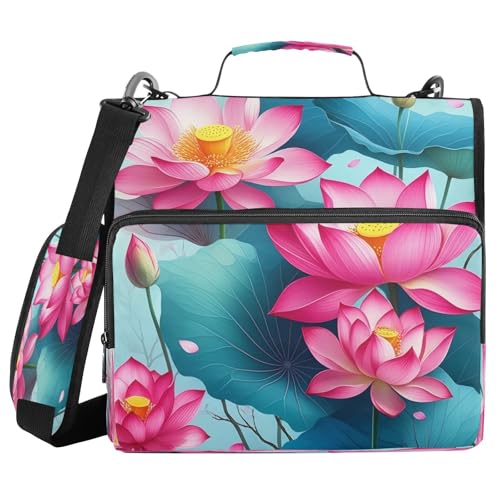 JUMBEAR Schöne Lotusblumen-Ordner mit Reißverschluss, mit Schultergurt, 3,8 cm O-Ringe, Fächermappe, mehrere Taschen, Kapazität 600 Blatt von JUMBEAR