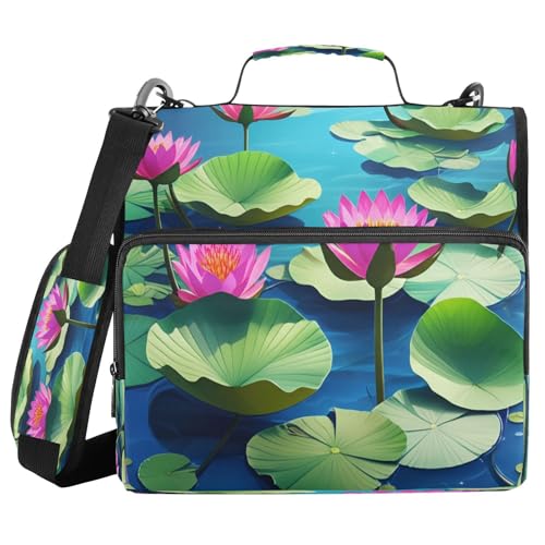JUMBEAR Schöne Lotusblumen-Ordner mit Reißverschluss, mit Schultergurt, 3,8 cm O-Ringe, Fächermappe, mehrere Taschen, Kapazität 600 Blatt von JUMBEAR