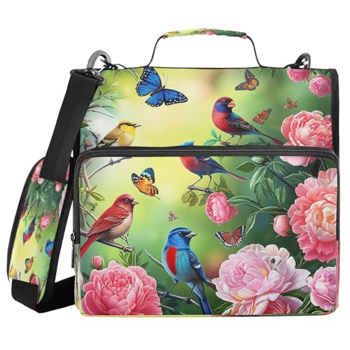 JUMBEAR Schöne Pfingstrosen und Vögel, Reißverschluss-Mappe mit Schultergurt, 3,8 cm O-Ringe, Fächermappe, mehrere Taschen, Kapazität 600 Blatt von JUMBEAR