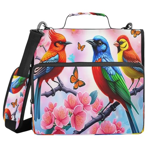 JUMBEAR Schöne Pfingstrosen und Vögel, Reißverschluss-Mappe mit Schultergurt, 3,8 cm O-Ringe, Fächermappe, mehrere Taschen, Kapazität 600 Blatt von JUMBEAR