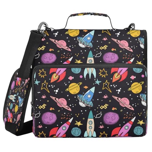 JUMBEAR Space Planet Ordner mit Reißverschluss, mit Schultergurt, 3,8 cm O-Ringe, Fächermappe, mehrere Taschen, Kapazität 600 Blatt von JUMBEAR