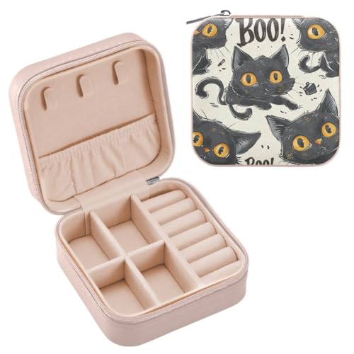 JUMBEAR Süße schwarze Katze an Halloween, Reise-Schmuckkästchen, Organizer für Damen, Reise-Schmuckschatulle, kleine Schmuckschatulle für Halskette, Armband, Ohrringe von JUMBEAR