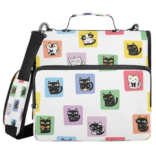 JUMBEAR Verspielte Cartoon-Katzen-Reißverschluss-Ordner mit Schultergurt, 3,8 cm O-Ringe, erweiterbarer Aktenordner, mehrere Taschen, Kapazität 600 Blatt von JUMBEAR
