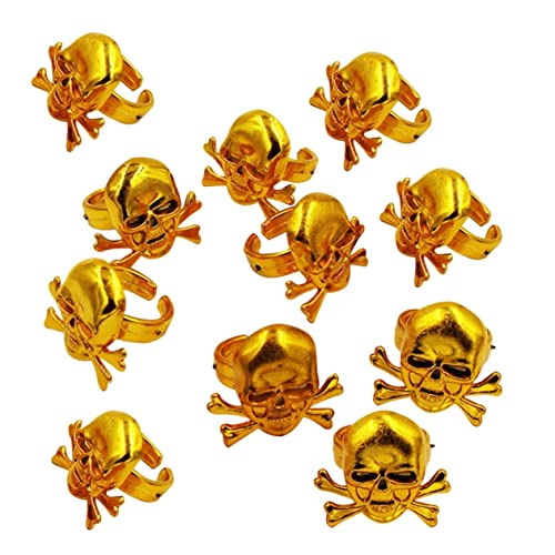 JUMPLAWN 12 Stück Teiliges Goldene Piratenringe mit Schädelmotiv Verstellbar für Erwachsene Halloween Party Deko und Piraten Kostümzubehör für Piraten Kindergeburtstag und Mottofeiern von JUMPLAWN