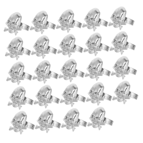 JUMPLAWN 24 Stück Teiliges Piraten Totenkopf Ringe für Silberne Kunststoffschädel Vielseitiges Halloween Piratenparty zubehör Fantasievolle Spielringe für Jungen und Mädchen von JUMPLAWN