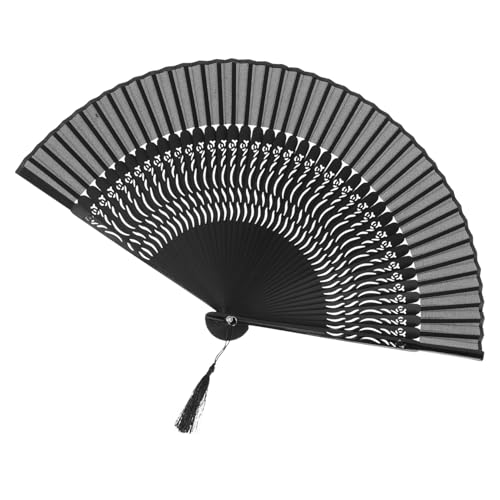 JUMPLAWN Schwarzer Chinesischer Klappfächer mit Filigraner Spitze und Quaste Faltbarer Handfächer für Tanz Hochzeit Dekoration und Sommerliche Outdoor Nutzung von JUMPLAWN