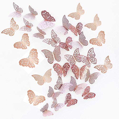 JUN-H 36 Stücke 3D Schmetterling Dekorationen Schmetterling Aufkleber DIY Wandkunst Aufkleber Schlafzimmer Baby Dekor Abziehbilder Abnehmbare Dekorative Papier Wandbilder (Rose Rot) von JUN-H