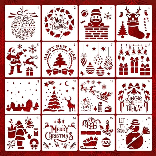 16 Stück Schablone Weihnachten Set, Wiederverwendbar Kunststoff Schablonen Kinder Malschablonen Waschbar, für Fenster Scrapbooking Kinder DIY Geschenkkarten von JUNBAOYYDS