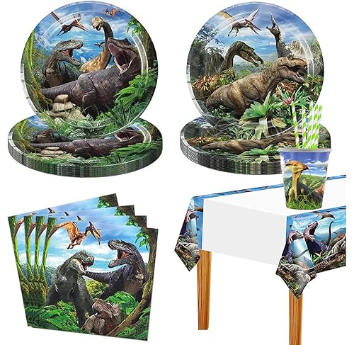 Dinosaurier Partygeschirr, 61Pcs Pappteller Kindergeburtstag Party Set, Jurassic world Supplies, Dino Kindergeburtstag Pappteller Tiere Dschungel für Junge Motto Party (blau) von JUNBAOYYDS