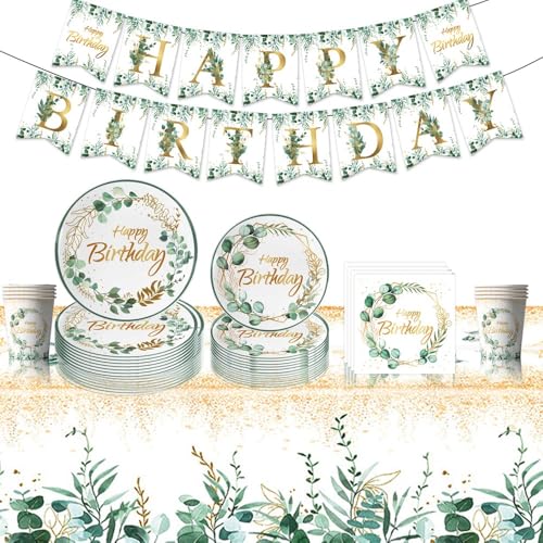 Partygeschirr Set, Geburtstag Deko Set, Partygeschirr Kindergeburtstag Dekoration, Geburtstag Deko Set, Partydekoration Geschirr Party Supplies Set (grün Weiß) von JUNBAOYYDS