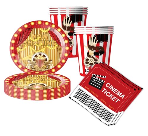 Partygeschirr Set, filmabend Partygeschirr Set,filmabend Geburtstag Deko Mit Teller Servietten Tischdecken, Partydekoration Geschirr Party Supplies Set (Rot gold) von JUNBAOYYDS