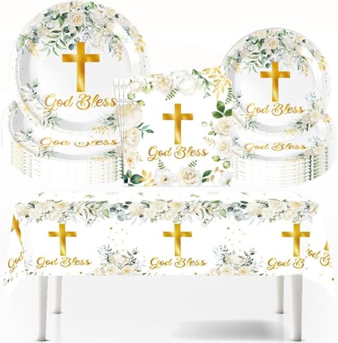 Floral Kruzifix Geschirr, Baby Kommunion Taufe Party Geschirr, Geburtstag Deko Set, Partydekoration Geschirr Party Supplies Set (golden weiß) von JUNBAOYYDS