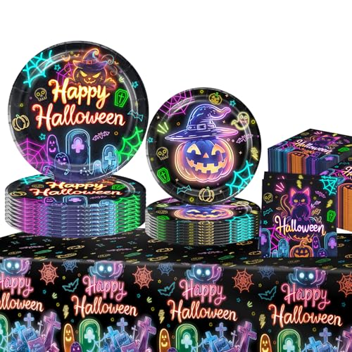 Glow Neon Partygeschirr Set, Glow Neon Geburtstag Party Geschirr, Neon Glow in the Dark Papier Geschirr, für Kinder Geburtstag Party Supplies Halloween (A) von JUNBAOYYDS