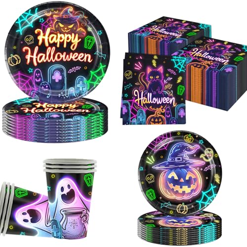 Glow Neon Partygeschirr Set, Glow Neon Geburtstag Party Geschirr, Neon Glow in the Dark Papier Geschirr, für Kinder Geburtstag Party Supplies Halloween (B) von JUNBAOYYDS
