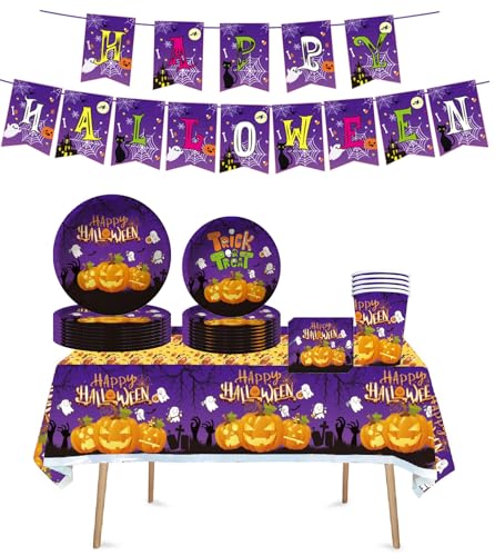 Halloween Pappteller Geburtstag Partygeschirr, Party Supplies, Partygeschirr Set, für Kinder Geburtstag Party Supplies (Lila) von JUNBAOYYDS