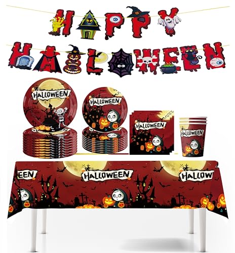Halloween Pappteller Geburtstag Partygeschirr, Party Supplies, Partygeschirr Set, für Kinder Geburtstag Party Supplies (rot) von JUNBAOYYDS