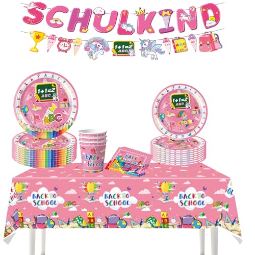 Einschulung Rosa Geschirr Set Schulanfang Partygeschirr Servietten Pappteller Schulkind Papierteller Tischdeko Schultag Tischdeko für Mädchen Jungen von JUNBAOYYDS