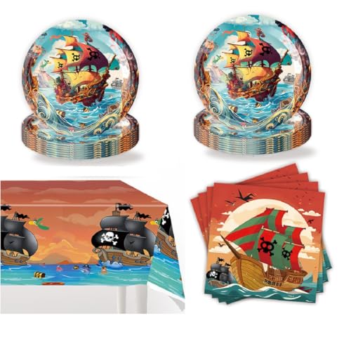 Piraten Geburtstag Geschirr Set,Piratenschiff Partygeschirr Set Pappteller Kindergeburtstag, Geburtstag Deko Set, Partydekoration Geschirr Party Supplies Set (orange-2) von JUNBAOYYDS