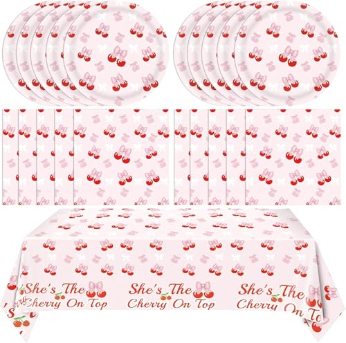 Partygeschirr Set, Partygeschirr, Party Zubehör Party Dekoration Kindergeburtstag Deko, für Kinder Geburtstagsfeier Deko Tisch Geburtstag Set für Kinder Mädchen Jungen (Kirsche) von JUNBAOYYDS