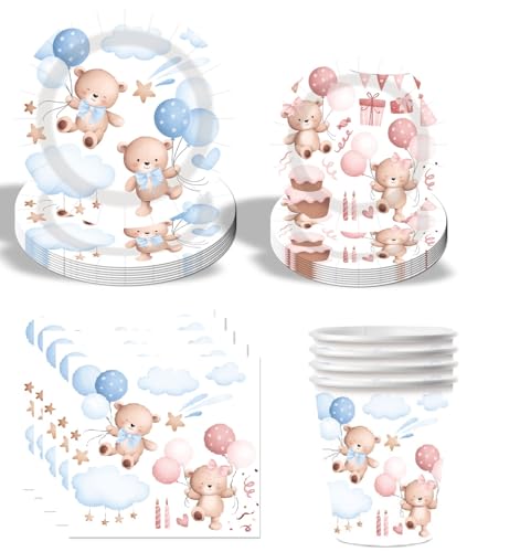 Partygeschirr Set, Partygeschirr, Party Zubehör Party Dekoration Kindergeburtstag Deko, für Kinder Geburtstagsfeier Deko Tisch Geburtstag Set für Kinder Mädchen Jungen (Kleiner Bär) von JUNBAOYYDS