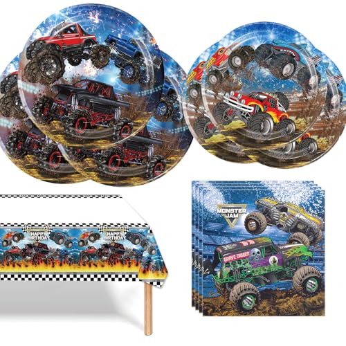 Monster Truck Partygeschirr Rennwagen, Monster Party Truck Geburtstagsparty,Zubehör Party Dekoration Kindergeburtstag Deko, für Kinder Geburtstagsfeier Deko Tisch Geburtstag Set (Rennen) von JUNBAOYYDS