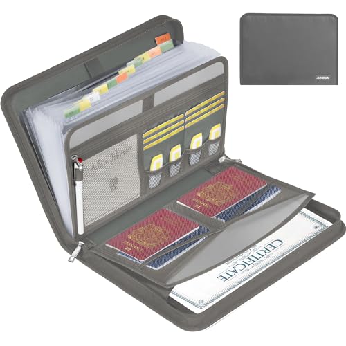JUNDUN Fächermappe - Dokumentenmappe a4 mit mehreren Fächern - Feuerfest Dokumententasche mit Reißverschluss und Etiketten - für A4-Dateien und mehr (13 Fächern Transparentes Akkordeon, Grau) von JUNDUN