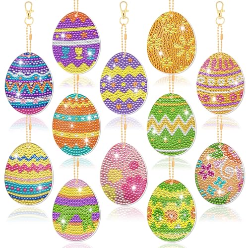 JUNEBRUSHS Diamond Art Painting Set Ostern, 12 Stück 5D Diamand Art Painting Anhänger Diamond Art Painting Schlüsselanhänger Diamand Malerei Kits Osterei für Ostern Kinder DIY Bastel Geschenk von JUNEBRUSHS