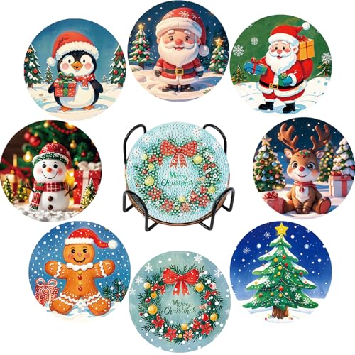 JUNEBRUSHS Diamond Art Painting Untersetzer Weihnachten, 8 Stück Diamond Untersetzer mit Halter Diamond Art Painting Weihnachten Bastelset Erwachsene Weihnachts Geschenk für Tassen Weingläser Vasen von JUNEBRUSHS