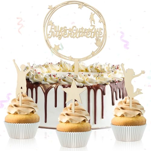JUNEBRUSHS Jugendweihe Tortendeko Holz, 4 Stück Jugendweihe Tortenaufsteller und Stern Cake Topper Kuchen Deko Jugendweihe für Mädchen und Jungen Erwachsenenzeremonie Partydekoration von JUNEBRUSHS