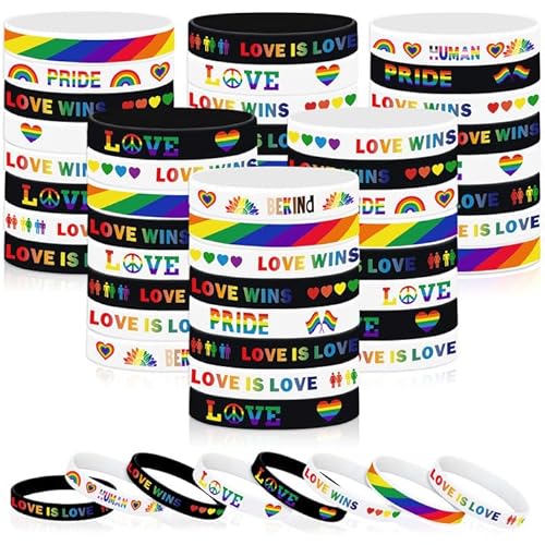 JUNEBRUSHS Regenbogen-Silikonarmbänder LGBT-Unterstützung, Gummi-Armbänder für Pride Day, Monat, Paraden, Dekorationen, Partyzubehör, 64 Stück (8 Designs) von JUNEBRUSHS