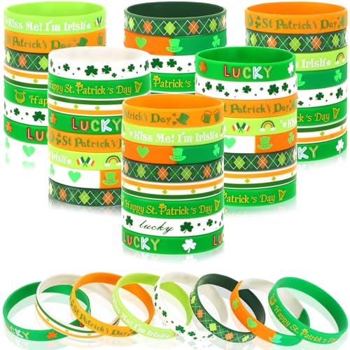 JUNEBRUSHS Silikon-Armbänder für St. Patrick's Day, Kleeblatt, Glücksbringer, Gummi-Armbänder für St. Patrick's Day, irische Party, Goodie Bag Stuffers, Füllstoffe, Dekorationen, Zubehör, 64 Stück von JUNEBRUSHS