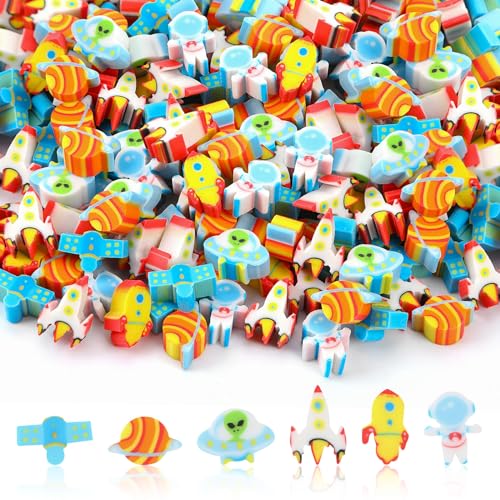 JUNEBRUSHS Space Radiergummi, 150 Stück Niedliche Mini Raumschiff Radiergummis für Kinder, Schüler, Preise, Schule, Hausaufgaben Geschenke von JUNEBRUSHS
