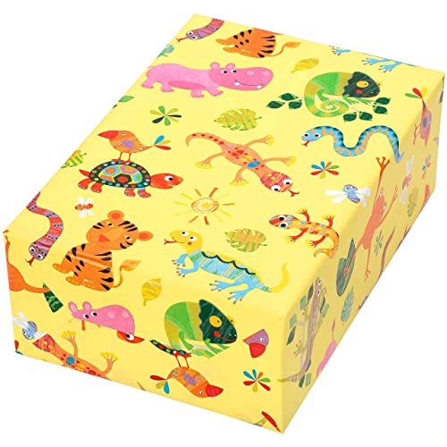 Geschenkpapier Kinder Geburtstag, 1 Rolle 50 cm x 50 m, 70 g/qm, Fantasia, bunt glänzendes Dschungel Design auf gelbem Mattfond, Kindergeschenkpapier. Kindergeburtstag. Safari-Geschenkpapier. von JUNG SCHÖNER VERPACKEN